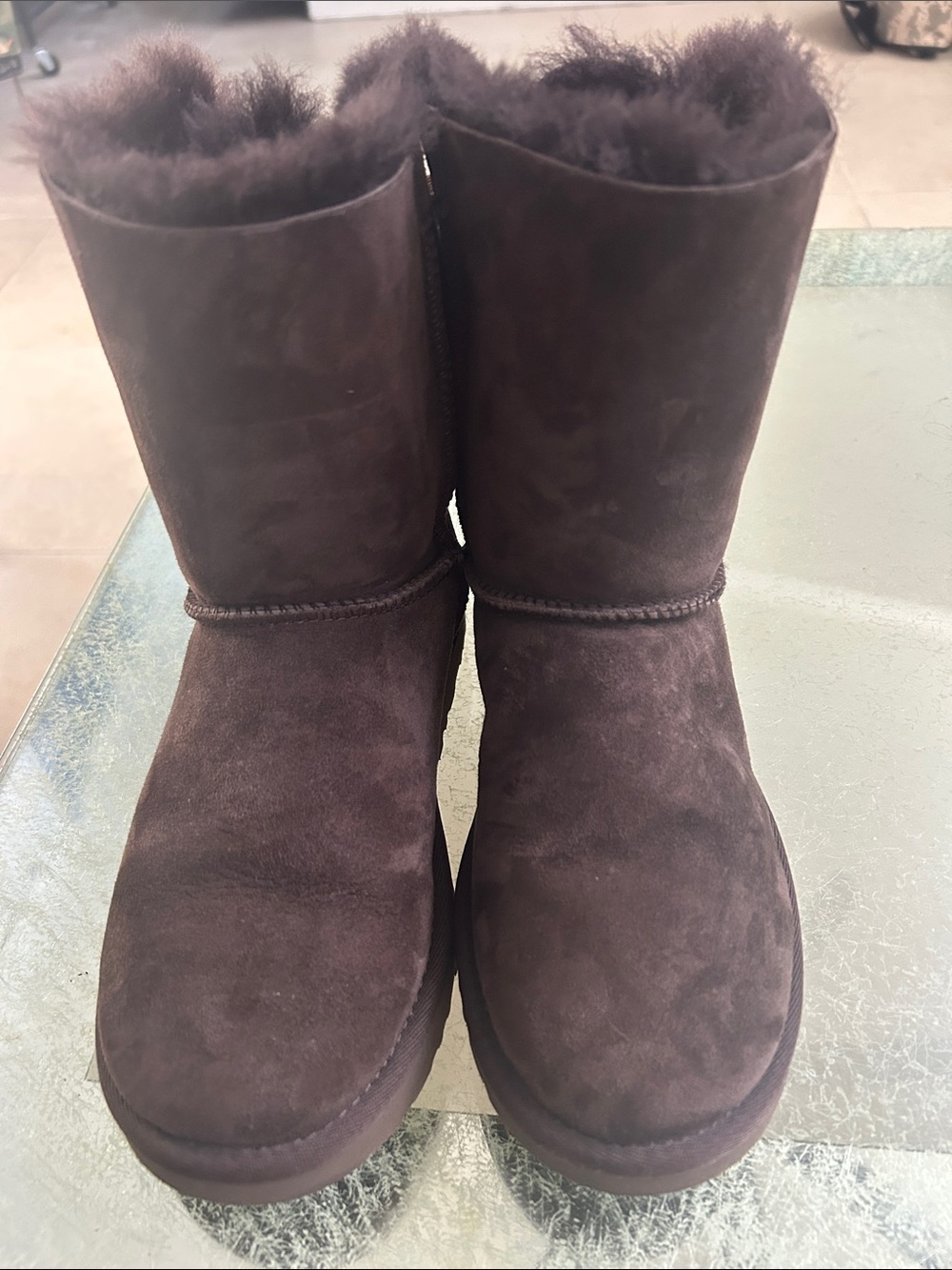 UGG Chocolate Brown Suede Bow-Back Shearling Boots